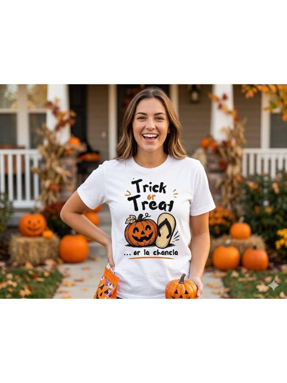 Trick or Treat or La Chancla Funny Latino White Shirt β’ Spanglish Humor Chancla
